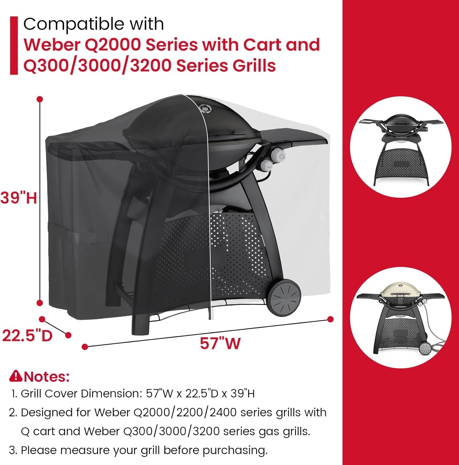 Grill Cover Compatible with Weber Q2000 Q300 Q3000 Q3200 Series with Cart, Compared to Weber 7112, Heavy Duty Waterproof Full Length BBQ Grill Cover 57 Inch, All Weather Protection, Black