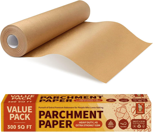 Unbleached Parchment Paper Roll - 15" x 242', 300 sq. ft., Non-Stick with Serrated Cutter for Baking, Cooking, and Air Frying
