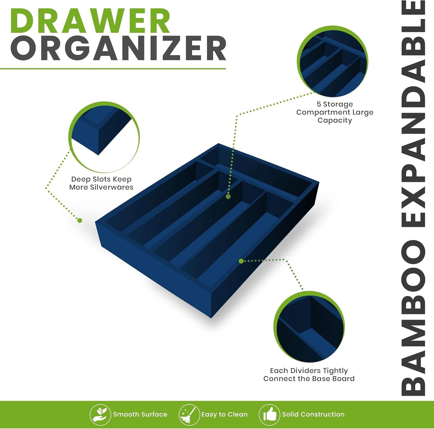 Silverware Organizer, Bamboo Utensil Drawer Organizer for Cutlery, Utensils & Flatware (5 Compartment, Blue) Pack of 1