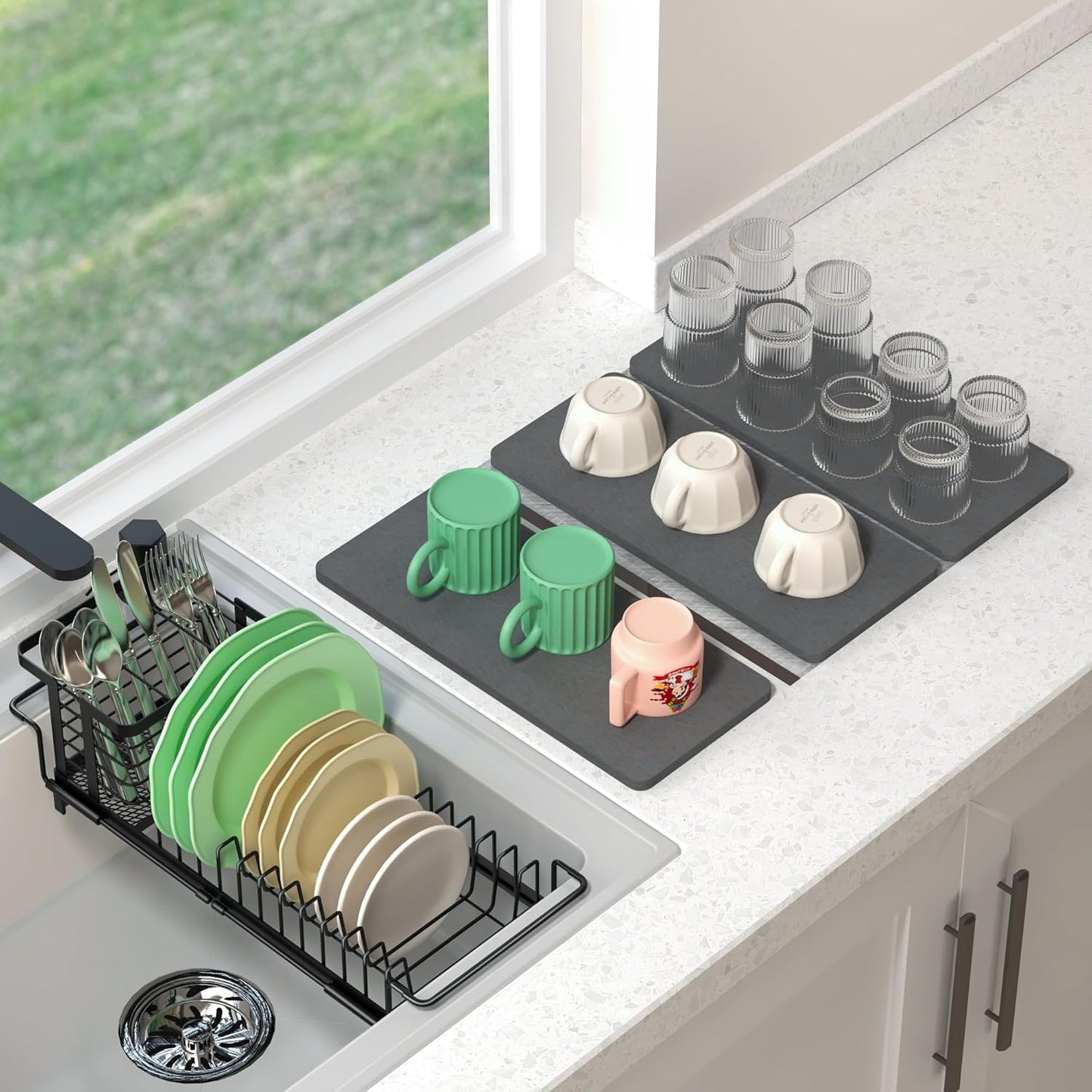 Expandable Small Dish Drying Rack with Diatomite Mat and Utensil Holder for Kitchen Sink, 5.4”W x 12.1”-18.9”L