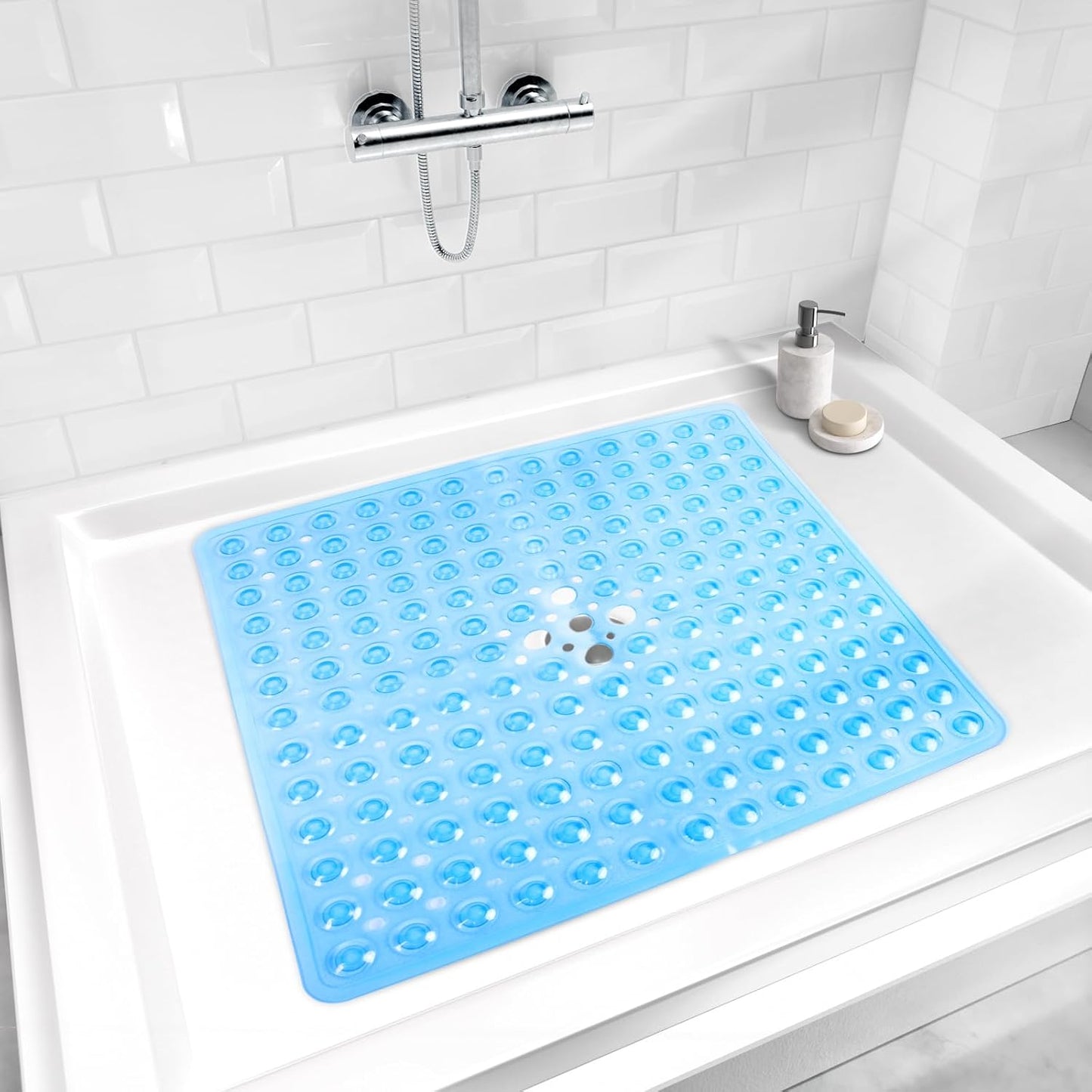 Shower Mat Non Slip 21 X 21 Inches, Square Shower Mat with Suction Cups and Drain Holes, Shower Stall Mat Machine Washable (Clear Blue)