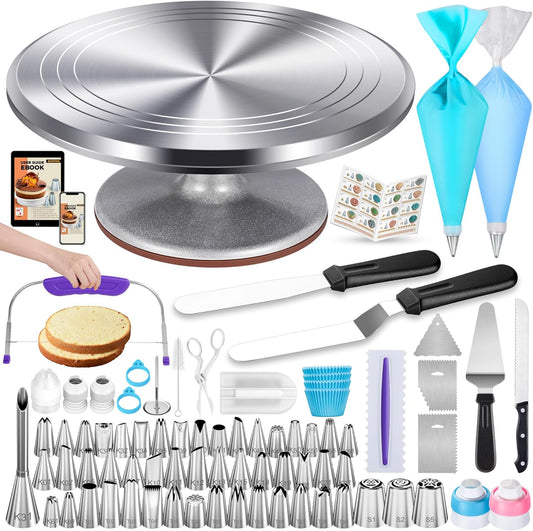 253 Pcs Cake Decorating Kit, 12" Aluminum Alloy Cake Turntable, 48 Numbered Icing Tips, 3 Russian Piping Nozzles, Offset and Straight Spatulas, Cake Leveler, Pastry Bags Baking Supplies