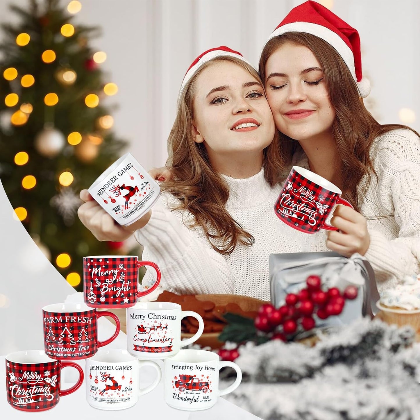 Christmas Mug Set of 6, 16Oz Red Black Plaid Christmas Coffee Mug, Christmas Table Centerpieces Decor Stackable Christmas Coffee Mug as Christmas Gifts for Family, Friends and Colleagues