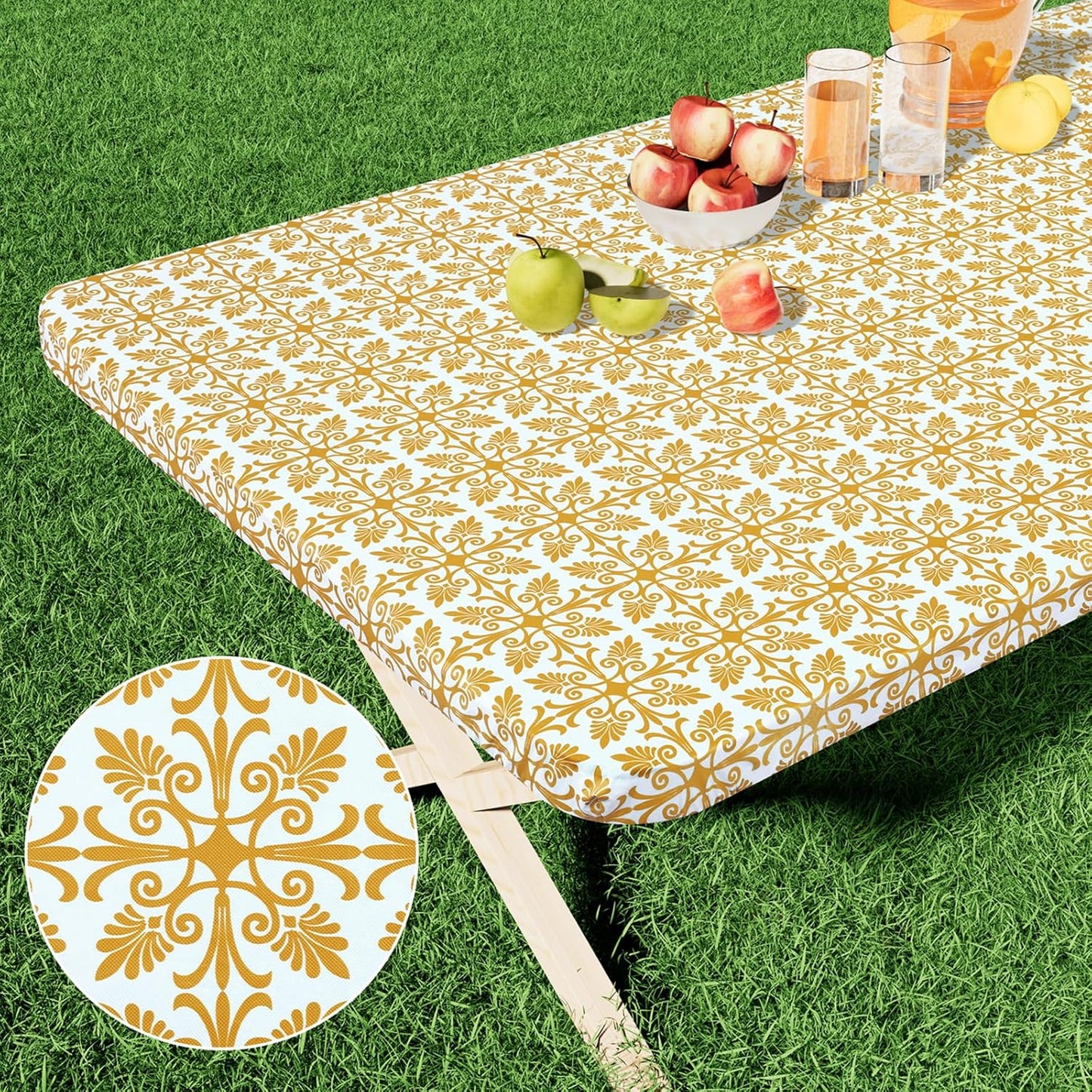 Rectangle Vinyl Table Cloth, Elastic Fitted Flannel Backed Tablecloth, 100% Waterproof Plastic Table Cover Fits 6 Foot Folding Tables for Picnic, Camping, Outdoor (Gold, 30" X 72")