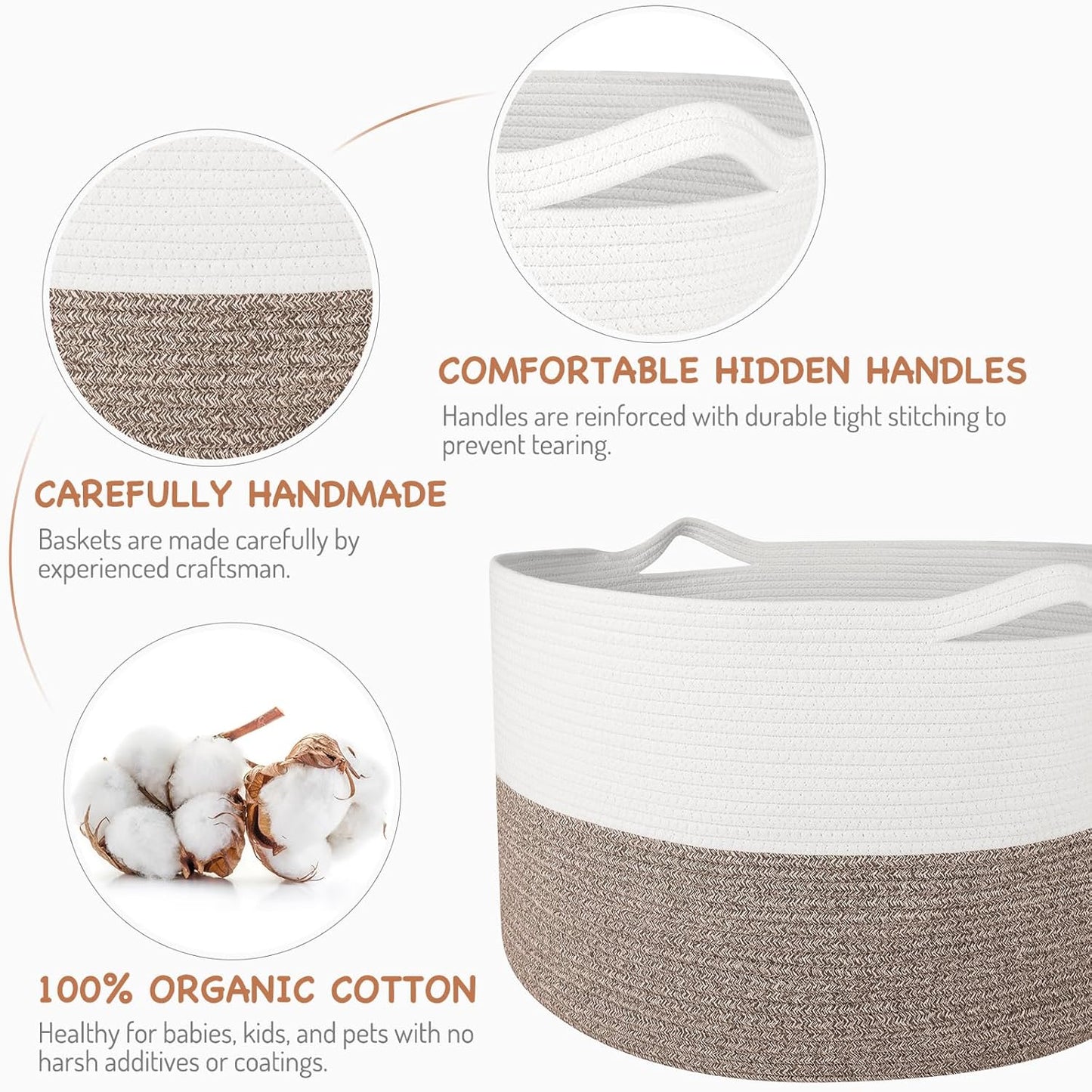 Storage Basket Large Cotton Rope Basket 21.7"X 21.7" X 13.8" with Handle Big Soft Nursery Cube Bin Laundry Hamper for Living Room(White/Brown)