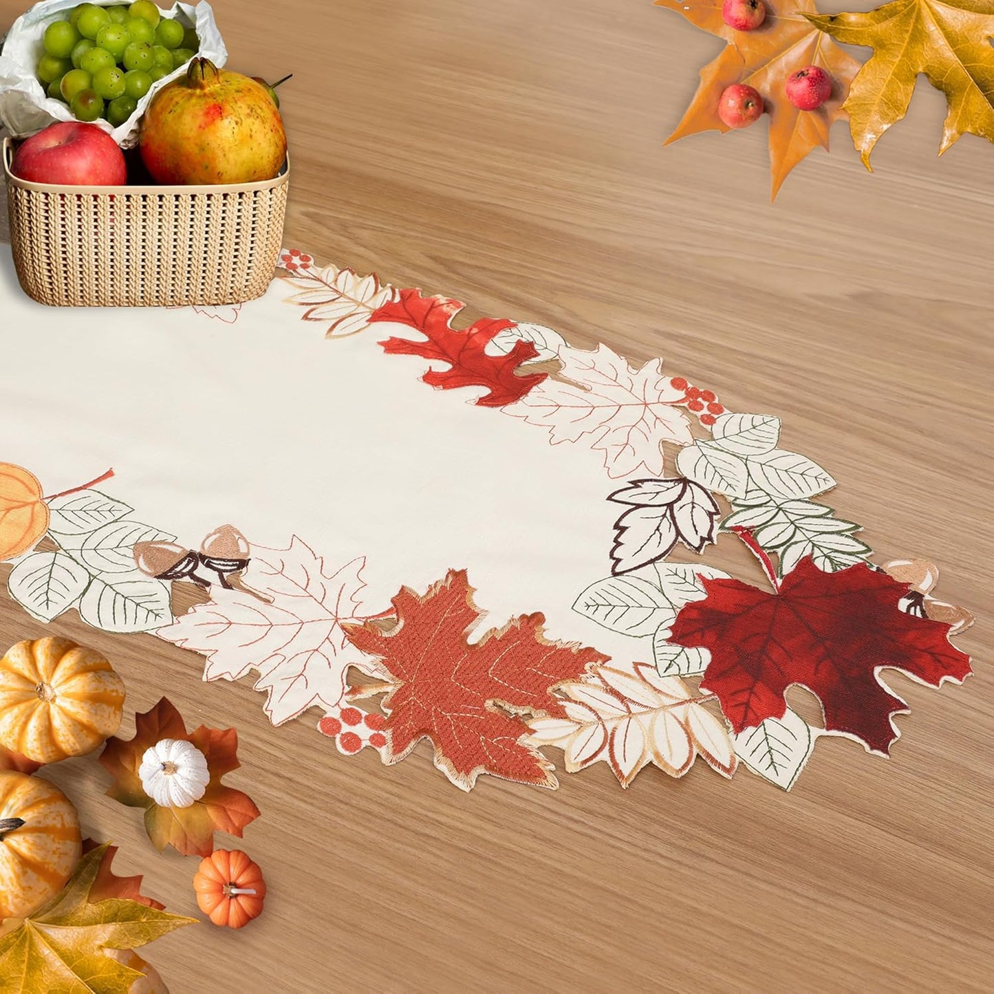 Linen Textured Fall Halloween Table Runner 70 Inches Long, Cutwork Applique Embroidered Dresser Scarf for Home Dining Holiday Autumn Halloween Thanksgiving Decor, 13 X 70 Inch