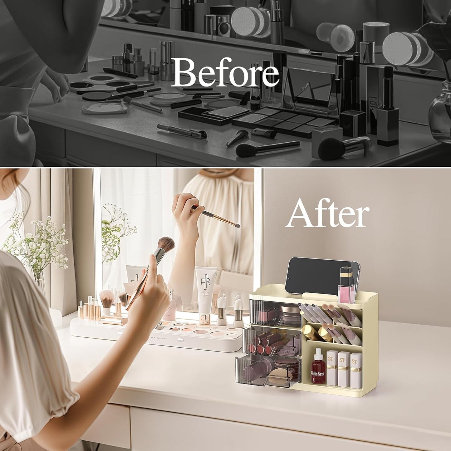 Makeup Organizer with Drawers, Multi-Function Vanity Organizer Countertop, Stackable Desk Organizer for Makeup Brush Lipstick Skincare Bathroom Vanity Organization and Storage, Ivory