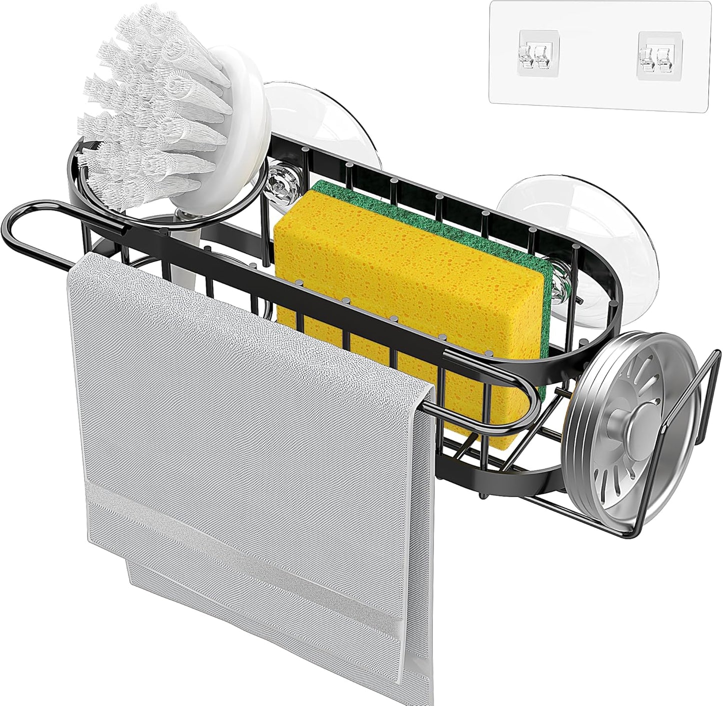 Kitchen Sink Caddy Sponge Holder in the Sink, Stainless Steel Kitchen Sink Organizer, Brush Holder, Dish Cloth Hanger, Sink Stopper Holder with 2 Installation Ways (Suction & Adhesives