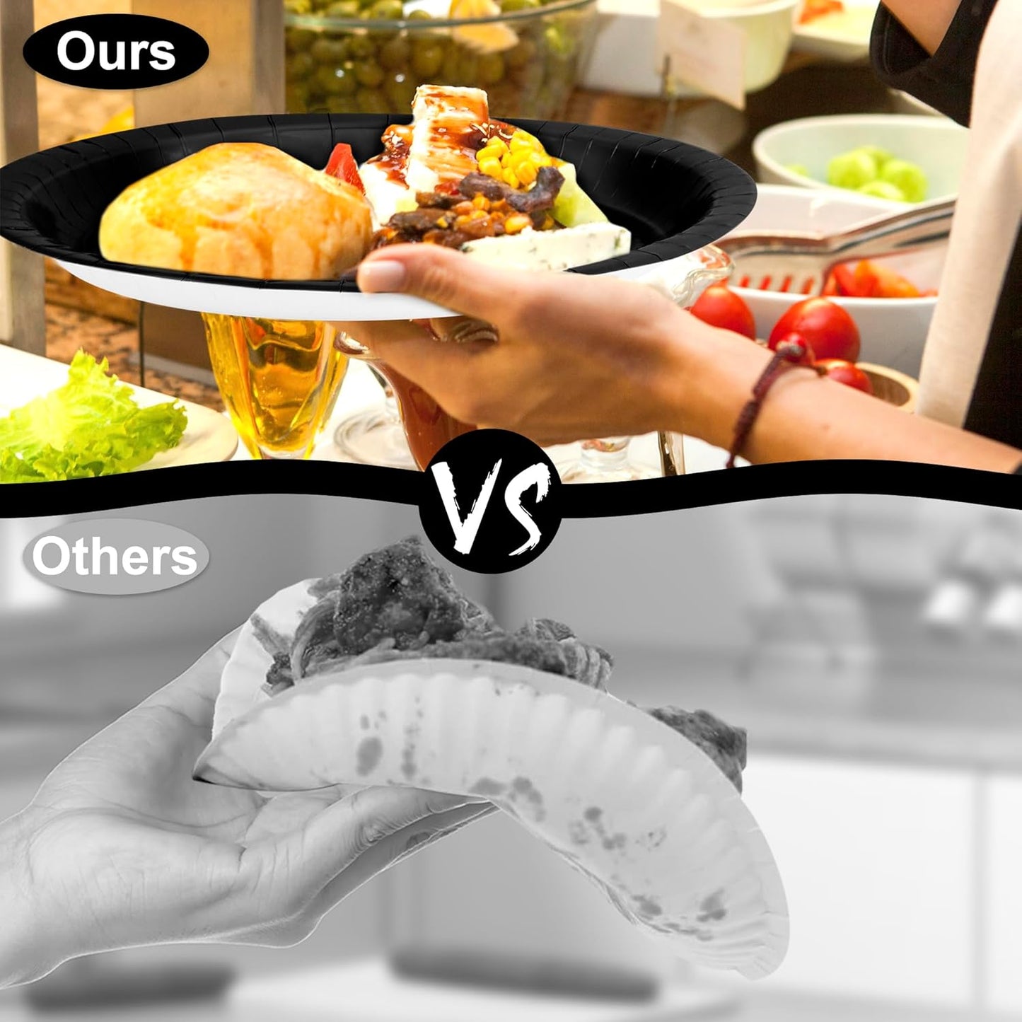 50 Count Black Large Paper Plates, 12.2'' X 10.2'' Oval Disposable Plates, Daily Heavy Duty Dinnerware Party Decorations for Birthday Wedding Formal Dinner Holiday