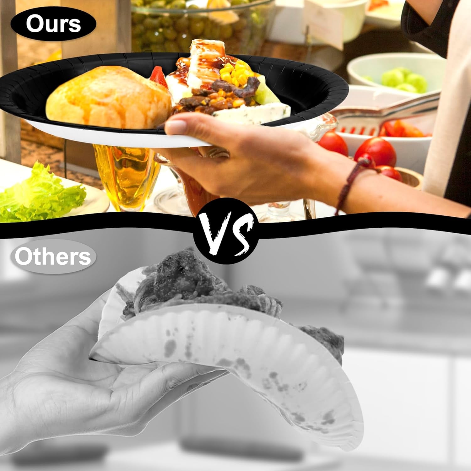 50 Count Black Large Paper Plates, 12.2'' X 10.2'' Oval Disposable Plates, Daily Heavy Duty Dinnerware Party Decorations for Birthday Wedding Formal Dinner Holiday