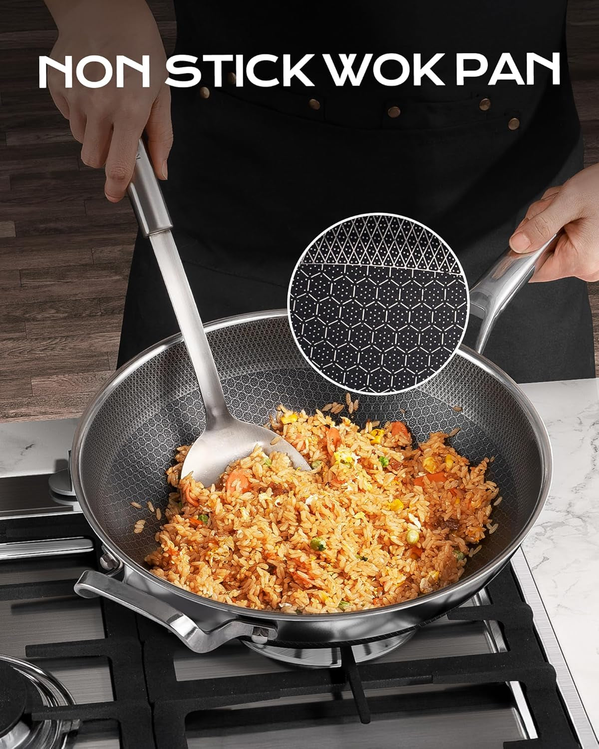 Wok Pan,13 Inch Hybrid Wok with Lid,Pfoa Free Cookware,Non Stick Stainless Steel Woks & Stir-Fry Pans Nonstick, Dishwasher and Oven Safe, Works on Induction