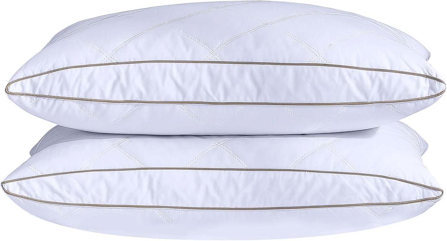 ® Natural Goose down Feather Pillows for Sleeping Oval Gusseted Feather down Pillow 100% Cotton Pillow Cover with Leaf Quilting King Set of 2
