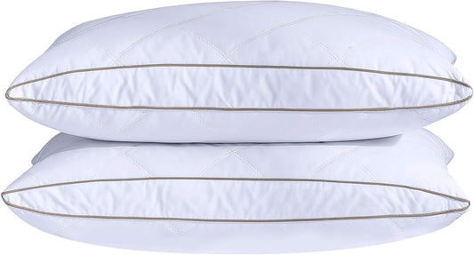 ® Natural Goose down Feather Pillows for Sleeping Oval Gusseted Feather down Pillow 100% Cotton Pillow Cover with Leaf Quilting King Set of 2