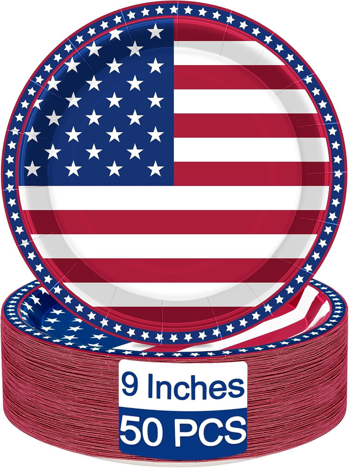 50 PCS 4Th of July Decorations, 9 Inches Pactriotic Paper Plates, round Party Dinnerware Set, Strips and Stars Disposable Plates for Memorial Independence Day Picnics Holidays