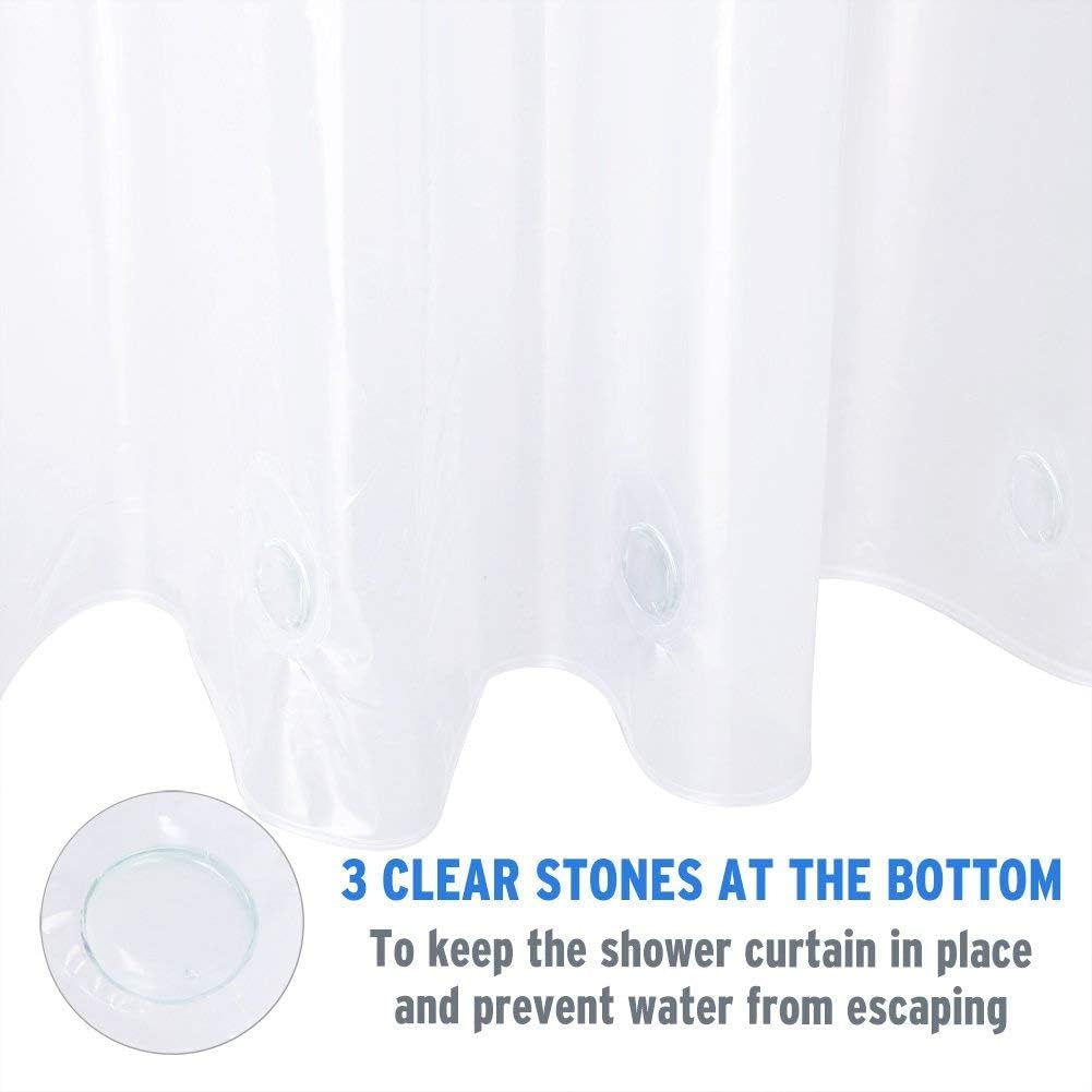 2-Piece Chrome Shower Curtain Bundle: Rust-Resistant Metal Glide Shower Hooks & EVA 8G Clear Shower Curtain with Heavy Duty Stones