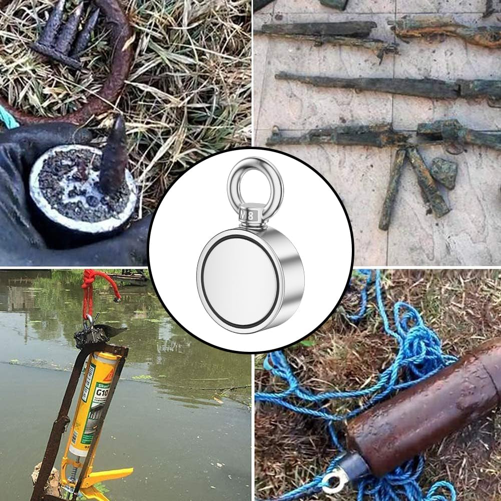 Neodymium Magnet Fishing Kit, 700Lbs Double Side Fishing Magnet Heavy Duty Rare Earth Magnet with Countersunk Hole Eyebolt for Retrieving Items in River, Lake, Beach, Lawn - 2.36Inch Diameter