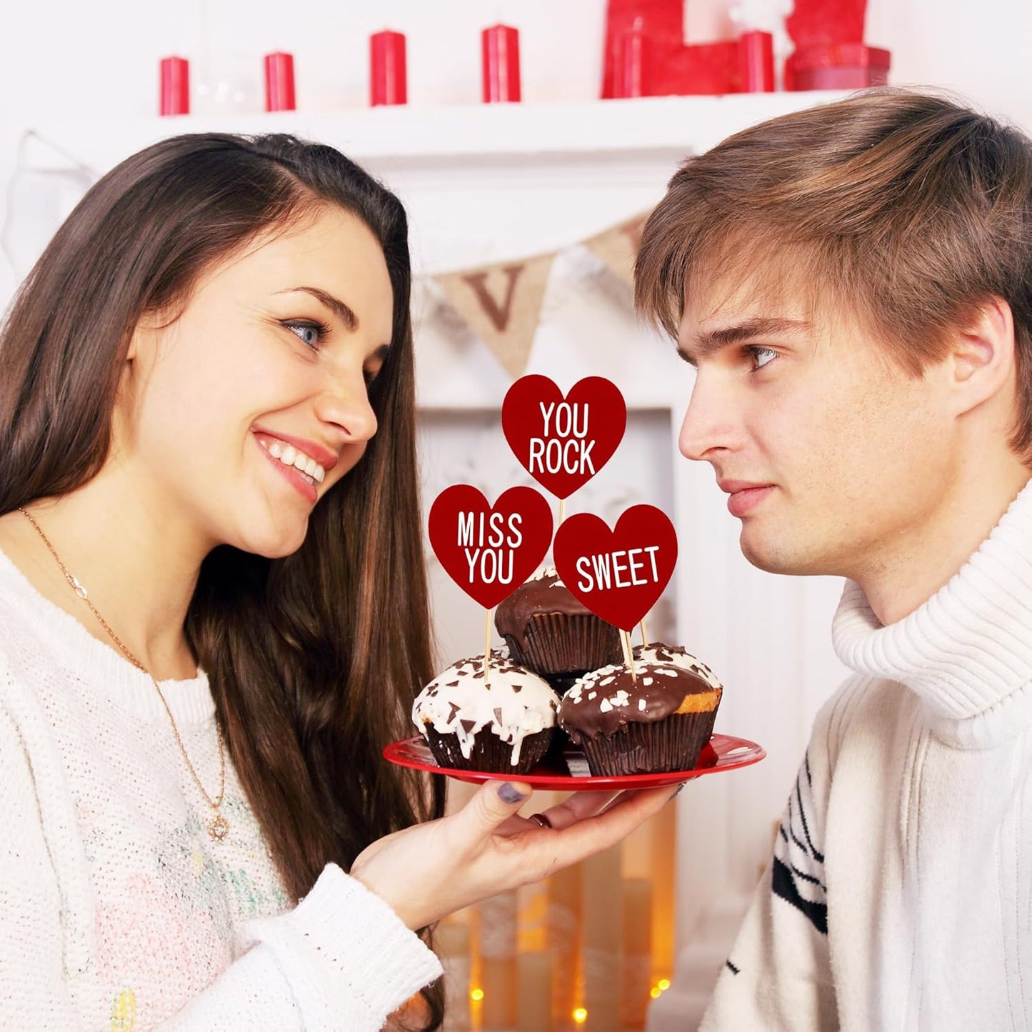 24 PCS Valentines Cupcake Toppers, 4.53 in Conversation Red Cake Toppers, "LOVE" "KISS ME" Design Heart Cupcake Toppers Valentines Day Cake Toppers, Wedding Cake Decor Valentine Cupcake Decorations