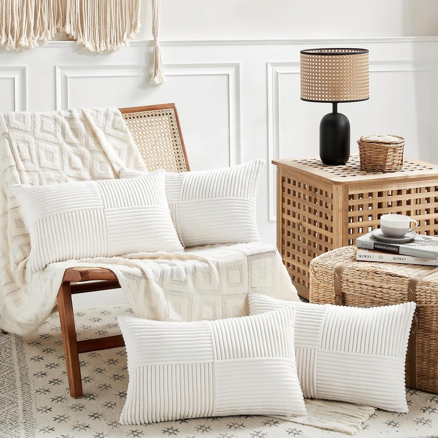 Cream White Lumbar Decorative Throw Pillow Covers 12X20 Inch for Living Room Couch Bed Sofa, Rustic Farmhouse Boho Home Decor, Soft Striped Corduroy Rectangle Accent Cushion Case 30X50 Cm