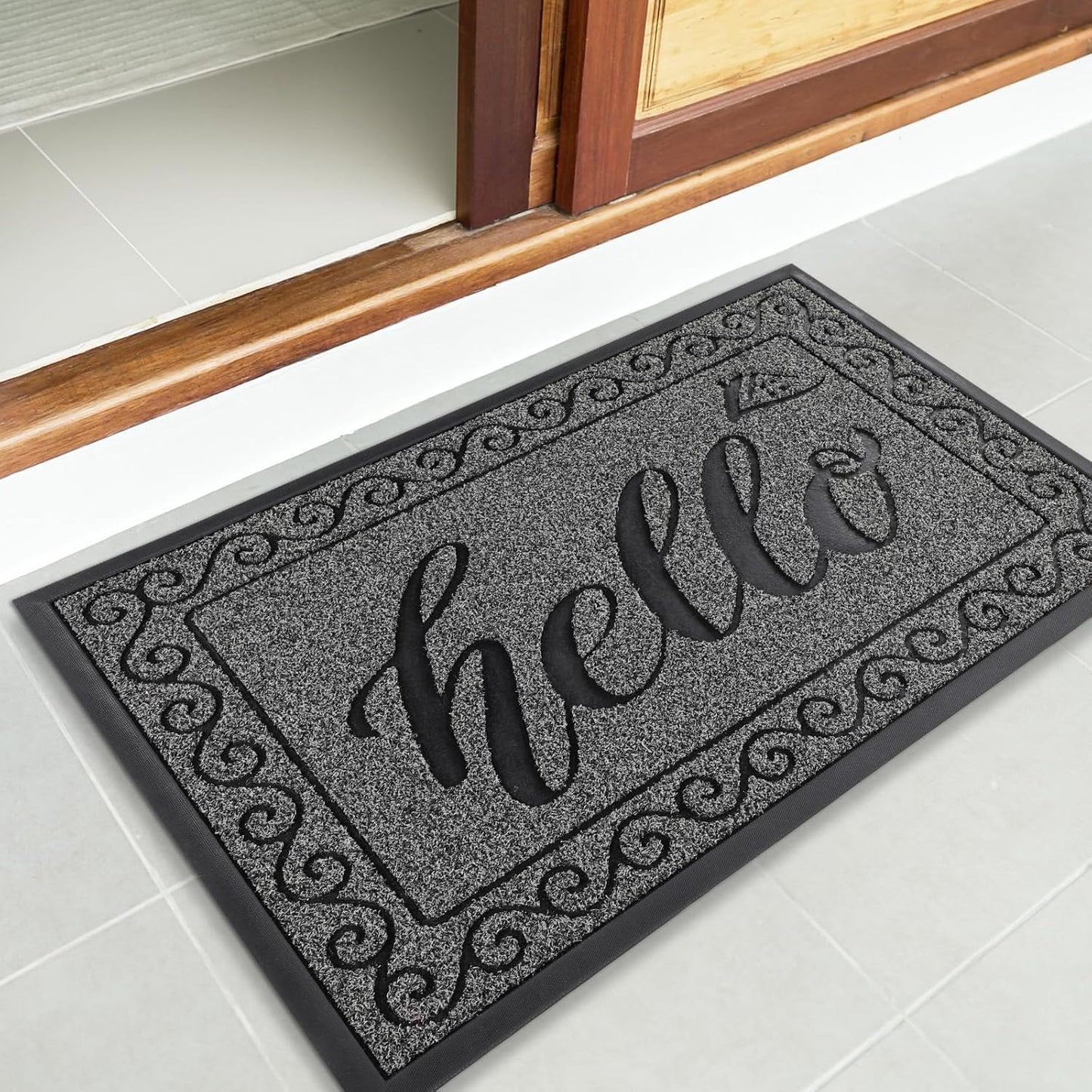Hello Door Mat Outdoor Indoor, 100% Waterproof All-Season Welcome Mat, Washable Heavy Duty Front Door Mat, Stain and Fade Resistant, Low Profile, Easy Clean, 29.5 X 17, Black Gray