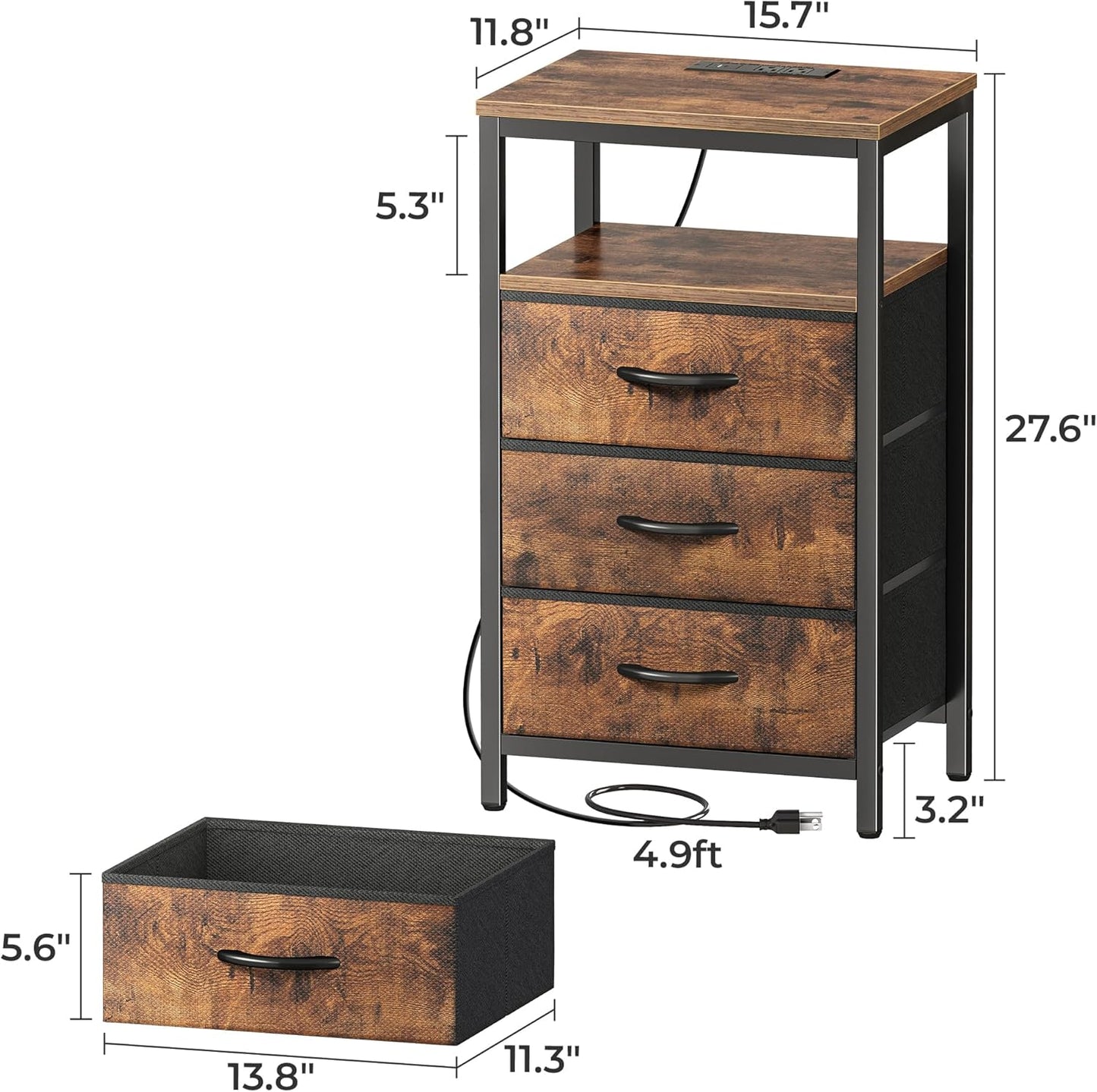 Rustic Brown Nightstand with Integrated Charging Station, 27.6 Inch Bedside Table Featuring Fabric Drawers, USB Ports, and Outlets for Bedroom Use