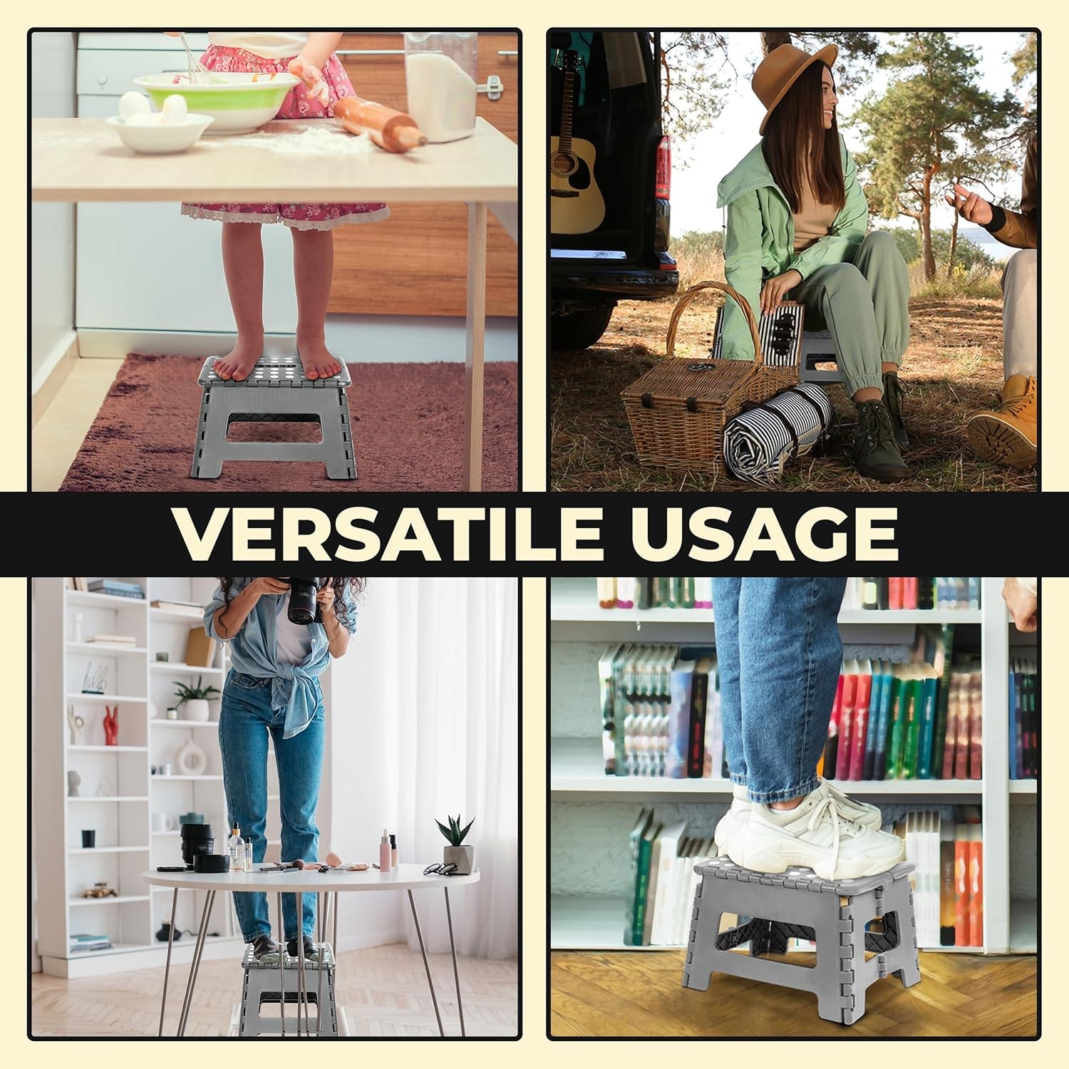 Folding Step Stool with 9 Inch Height (Pack of 1) - Holds up to 300 Lbs - Lightweight Plastic Foldable Step Stool for Kitchen, Bathroom & Living Room (Light Grey)