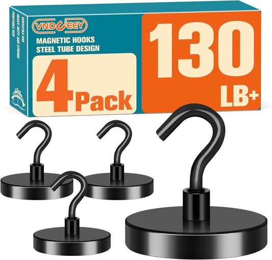 Heavy-Duty Magnetic Hooks, 130 lbs Capacity - Pack of 4, Ideal for Cruise Cabins, Refrigerators, Home, Office, and Grilling (Black)