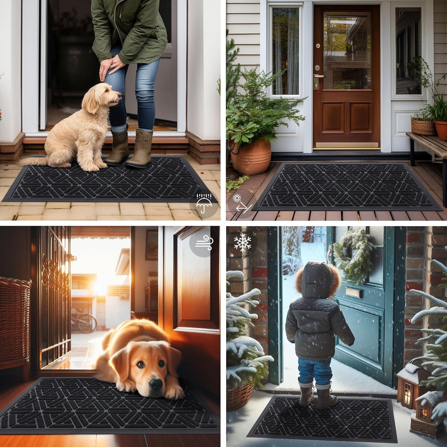 Outdoor Door Mat, Heavy Duty Natural Rubber Mat, 29.5X17 Inch, Black, 2 Item Bundle