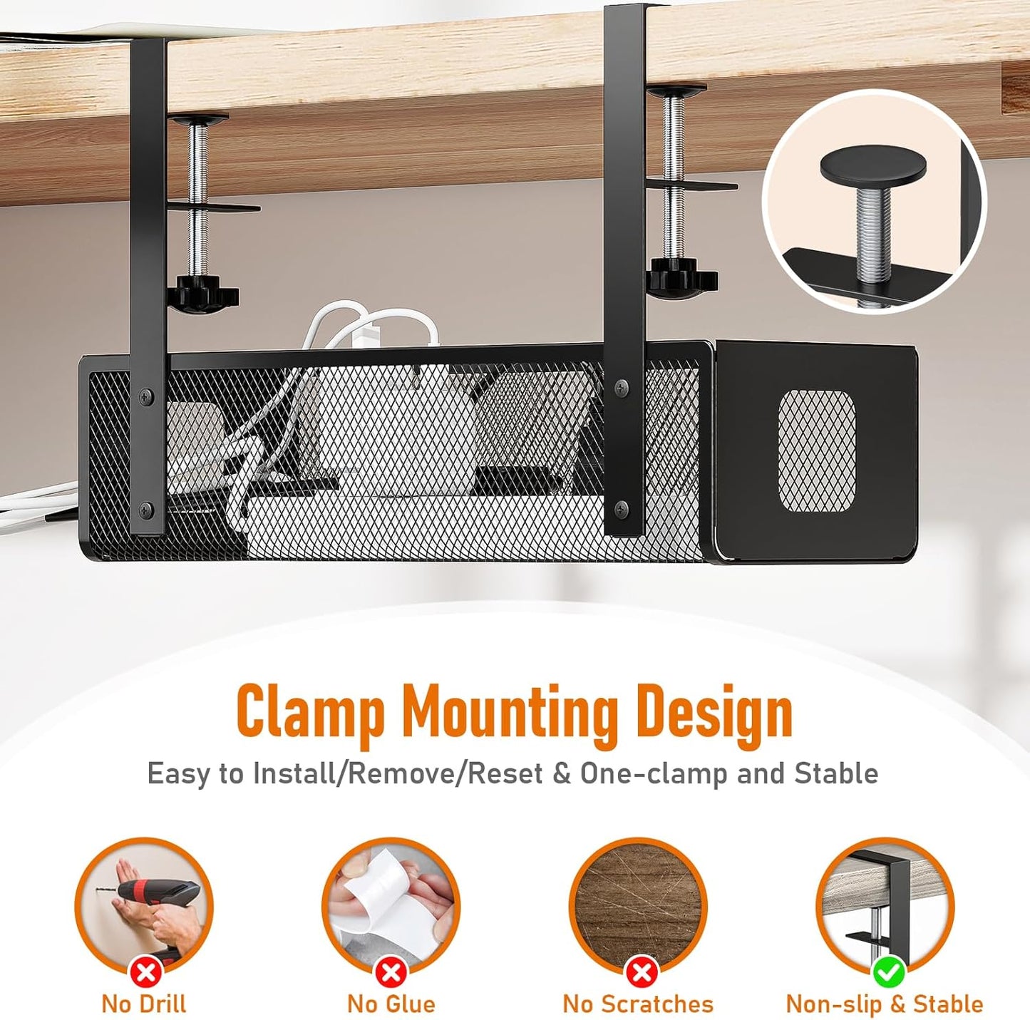 under Desk Cable Management Tray - Cable Management Tray No Drill with F-Clamp Design, Metal Mesh Cord Organizer, Sturdy Wire Organizers for Cords for Home Office Standing Desk, Black