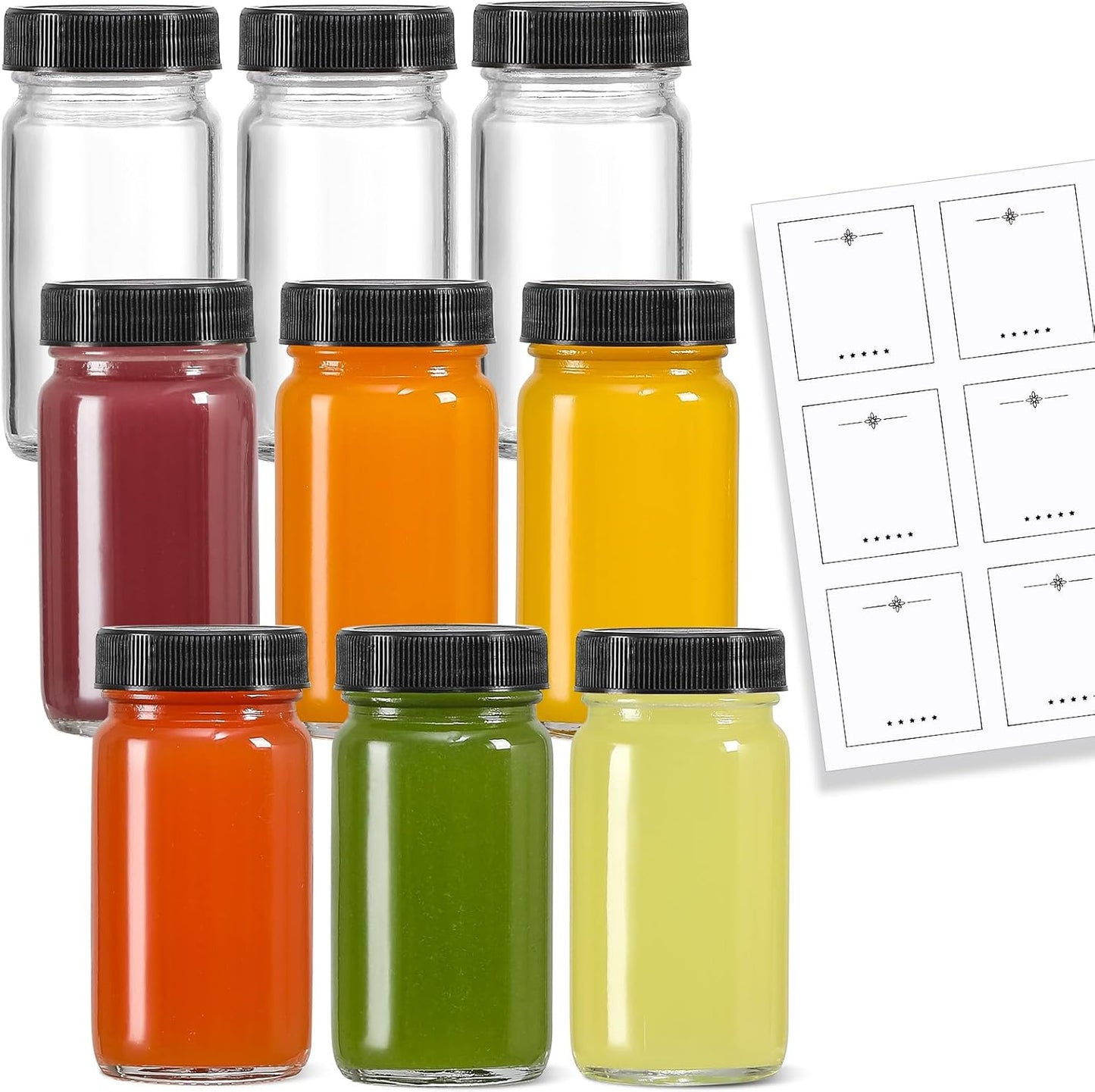 9 Pack, 2 Oz Glass Shot Bottles W/ Black Lids & 9 Labels - Small Clear Jar for Ginger, Wellness Shot, Juice, Sample, Whiskey - Travel Essentials Mini Bottles - Wide Mouth, Leakproof, Dishwasher Safe