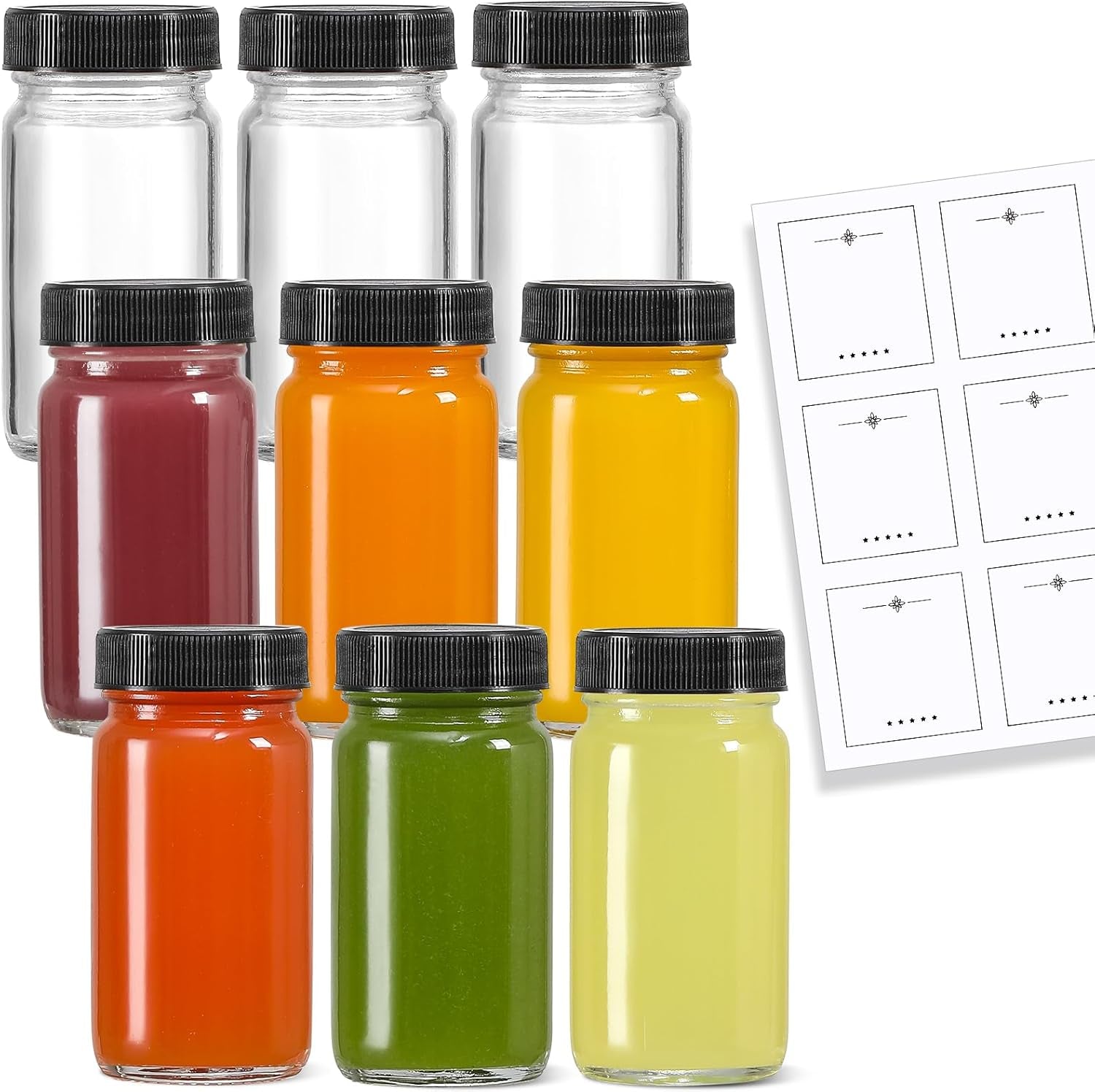 9 Pack, 2 Oz Glass Shot Bottles W/ Black Lids & 9 Labels - Small Clear Jar for Ginger, Wellness Shot, Juice, Sample, Whiskey - Travel Essentials Mini Bottles - Wide Mouth, Leakproof, Dishwasher Safe