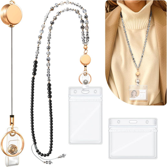 Teacher Lanyards for Id Badges and Keys, Retractable Natural Stone Beaded Lanyard for Women Cute with Id Holder, Black