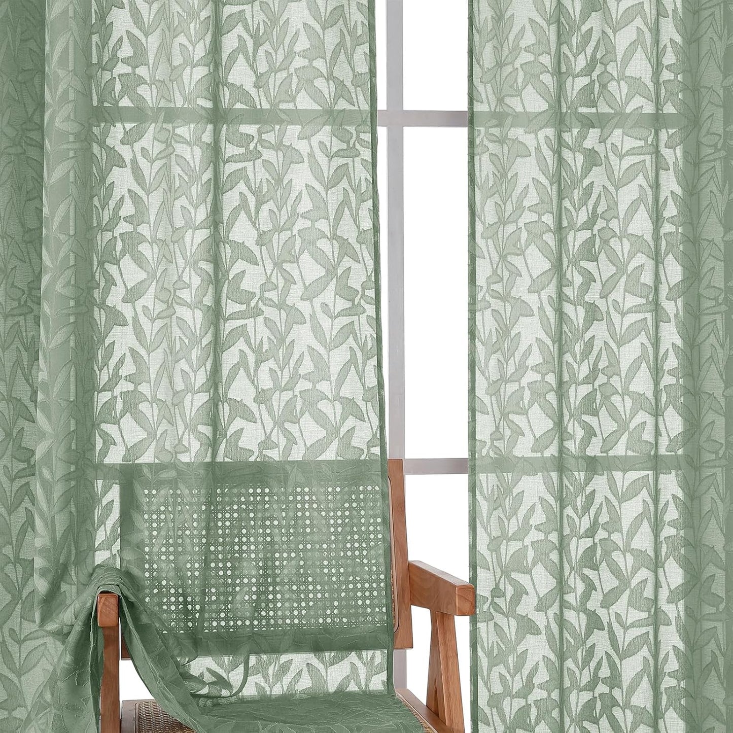Sage Green Sheer Curtains 84 Inches Long 2 Panels Set, Light Filtering Soft Airy Leaf Elegant Sheer Curtains for Bedroom Living Room, 42Wx84L Inches, 2 Panels