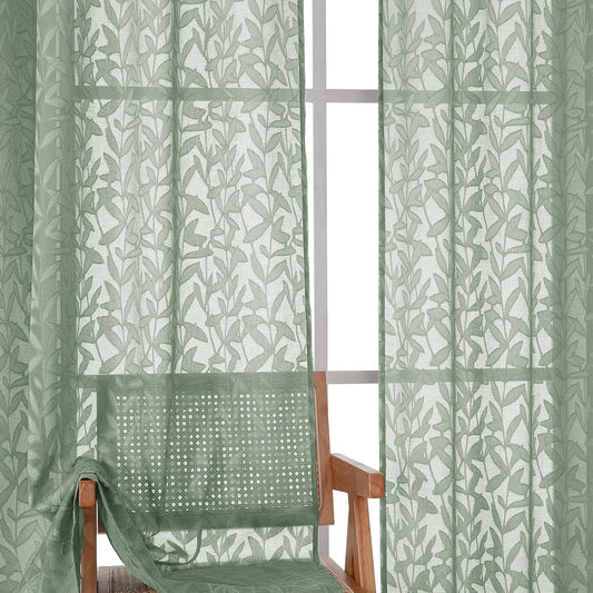 Sage Green Sheer Curtains 84 Inches Long 2 Panels Set, Light Filtering Soft Airy Leaf Elegant Sheer Curtains for Bedroom Living Room, 42Wx84L Inches, 2 Panels