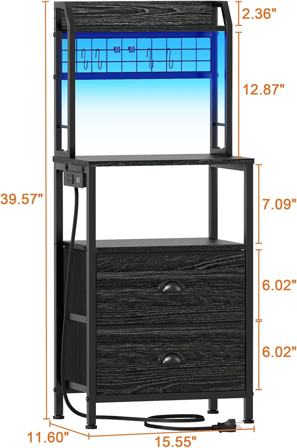 40'' Tall Nightstand with Charging Station, Bedside Table with LED Lights, End Table with 2 Drawers and Storage Shelves, Night Stand with Pegboard for Bedroom, Black Oak