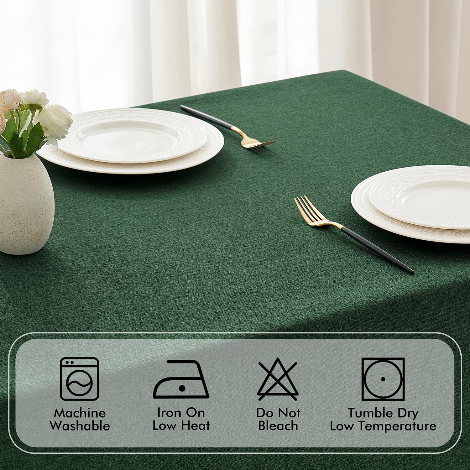 Hunter Green Thick Polyester Linen Rectangle Tablecloth with Decorative Cutouts, Waterproof, Stain and Wrinkle Resistant, Ideal for Christmas and Holiday Dining, 52 x 70 Inches