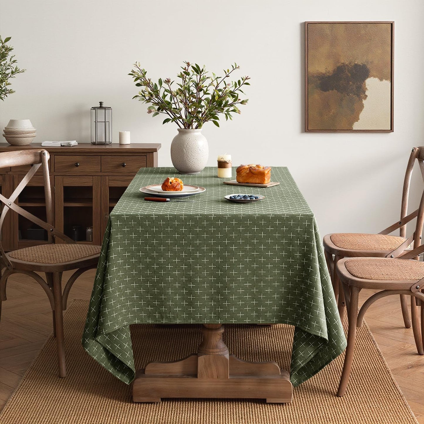 Olive Green Waterproof Linen Rectangle Tablecloth with Cross-Star Texture, Rustic Farmhouse Style for Dining, Parties, Buffets, and Weddings, 60x84 Inches