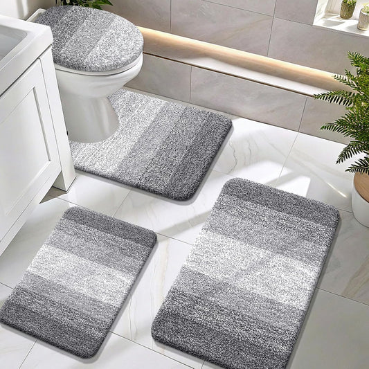 Bathroom Rugs Sets 4 Piece, Soft Microfiber Absorbent Bath Mat, U-Shaped Contour Toilet Mat and Toilet Lid Cover, Quick Dry, Machine Washable, Toilet Cover and Rug Set for Bathroom, Grey