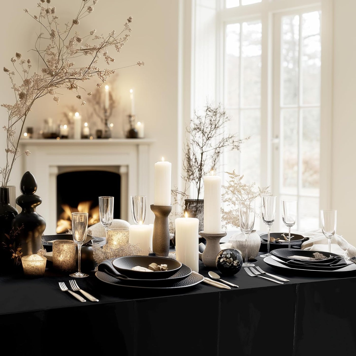 Black Foil Disposable Tablecloth - 54 x 72 Inches, Waterproof Plastic Cover for Birthday, Graduation, Halloween, and Anniversary Celebrations