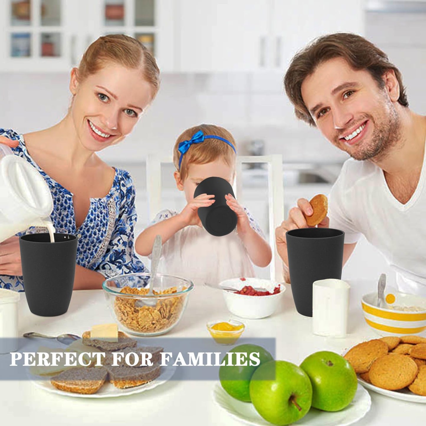 Set of 8 Durable Wheat Straw Drinking Cups - 20 OZ Reusable and Dishwasher Safe in Black