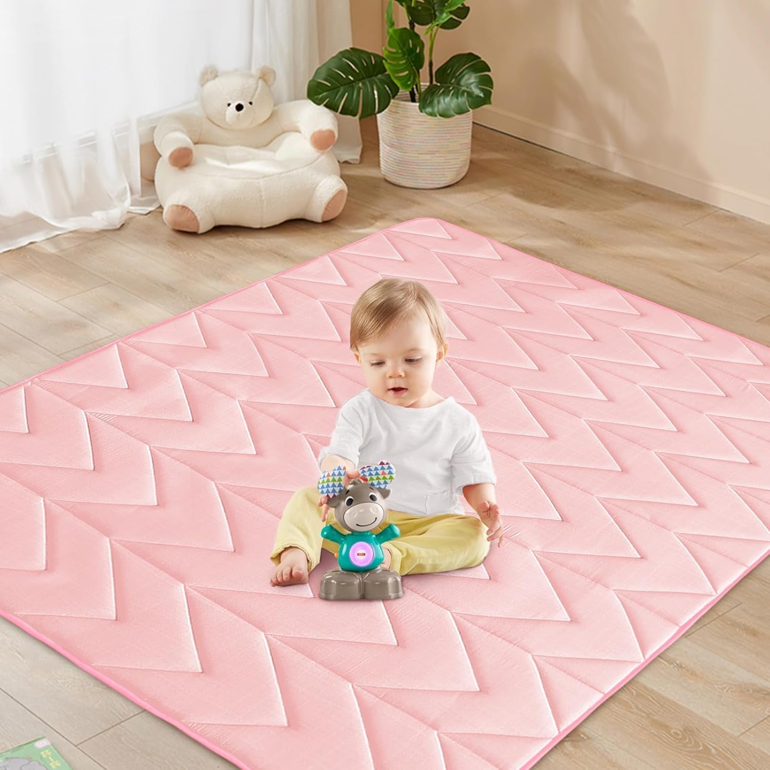 Foam Play Mat 50×50 for Baby Girls, Muslin Kids Play Mat Fits for Dripex & Suposeu Playpen, One-Piece Crawling Mat for Baby & Toddler to Play on Floor, Non Slip, Pink