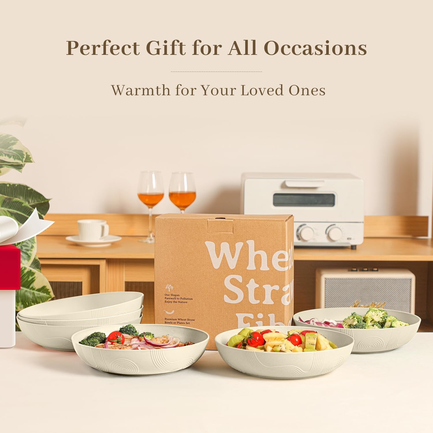 Large 65 Oz Wheat Straw Salad Bowls - Set of 6, 10 Inch Wide and Shallow Serving Bowls, Dishwasher Safe, Beige