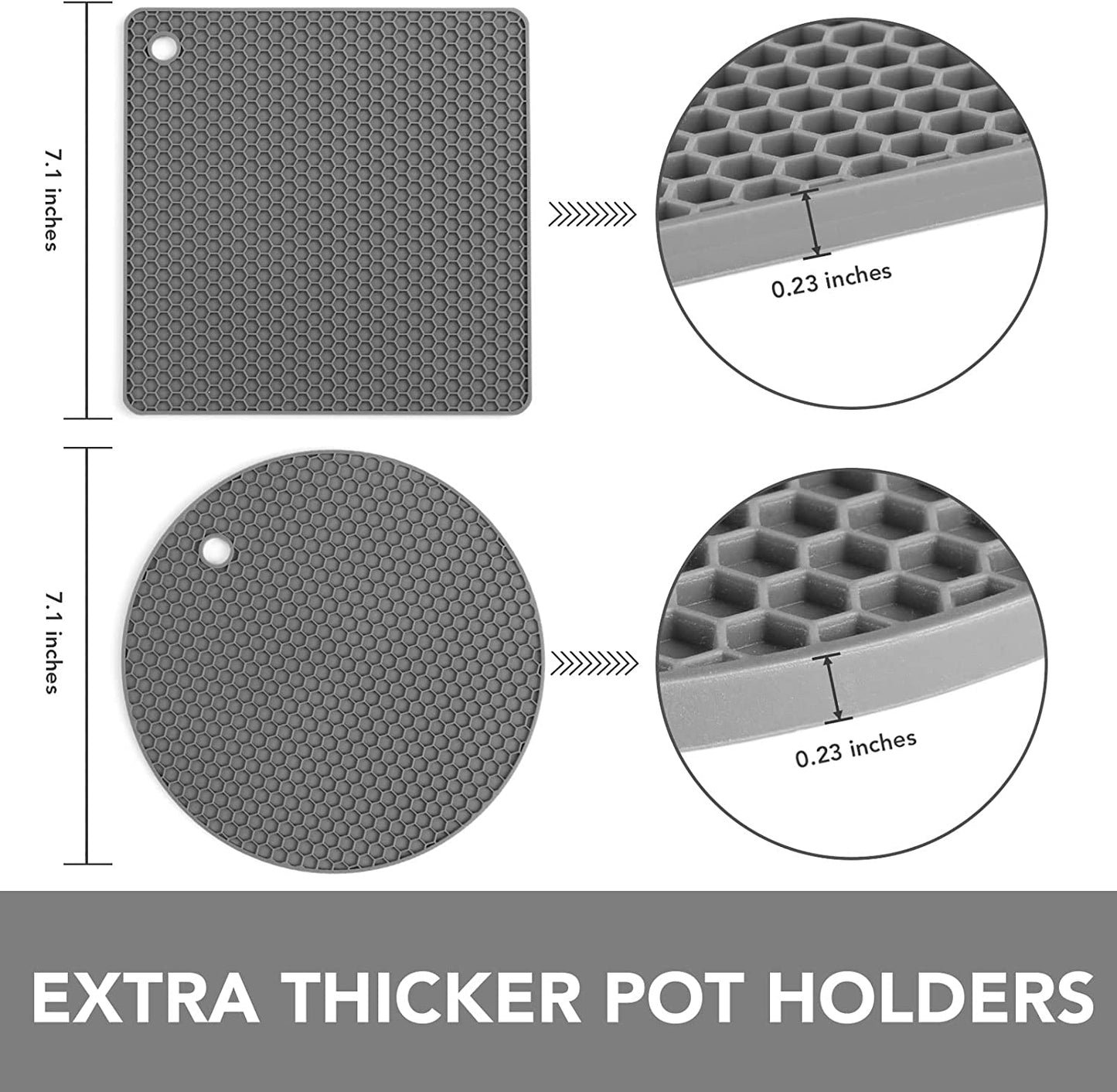 Trivets for Hot Dishes - Hot Pads for Kitchen, Silicone Pot Holders for Hot Pots and Pans, Silicone Mats for Kitchen Countertops, Table, Flexible Easy to Wash and Dry, Grey