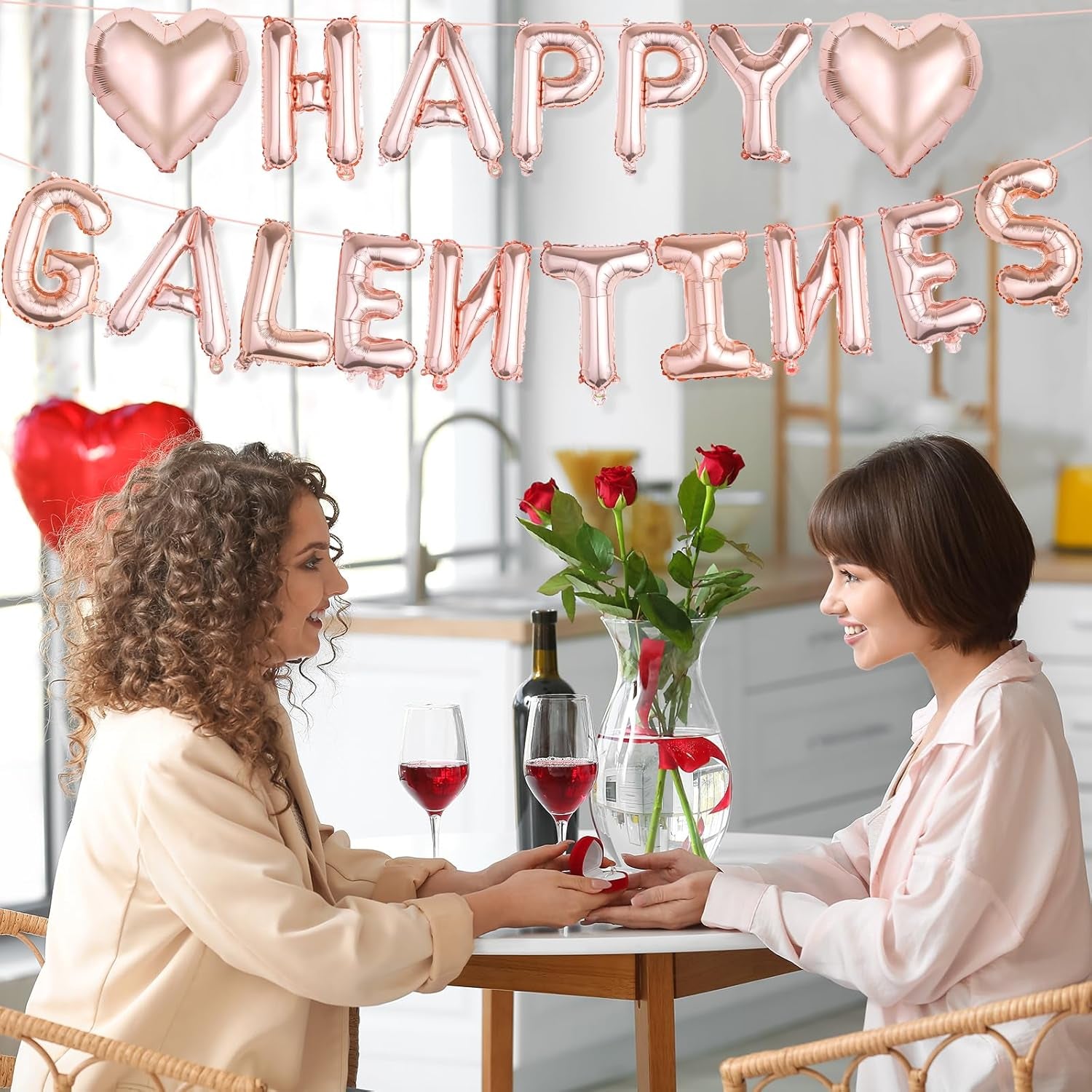 Happy Galentines Day Balloons Decorations, 16" Rose Gold 'HAPPY GALENTINES' Letters & Heart Shaped Balloons, Pink Valentines Day Party Supplies