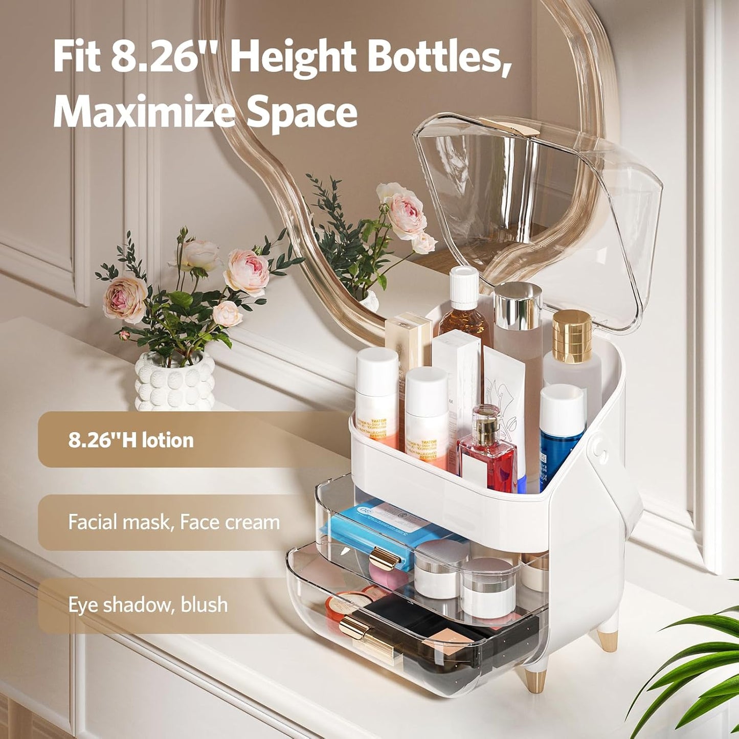 Makeup Organizer for Vanity, Skincare Organizer with Lid and Drawers, Bathroom Counter Organizer Perfume Makeup Storage, Large Cosmetic Display Case for Dresser, Bathroom Countertop, White