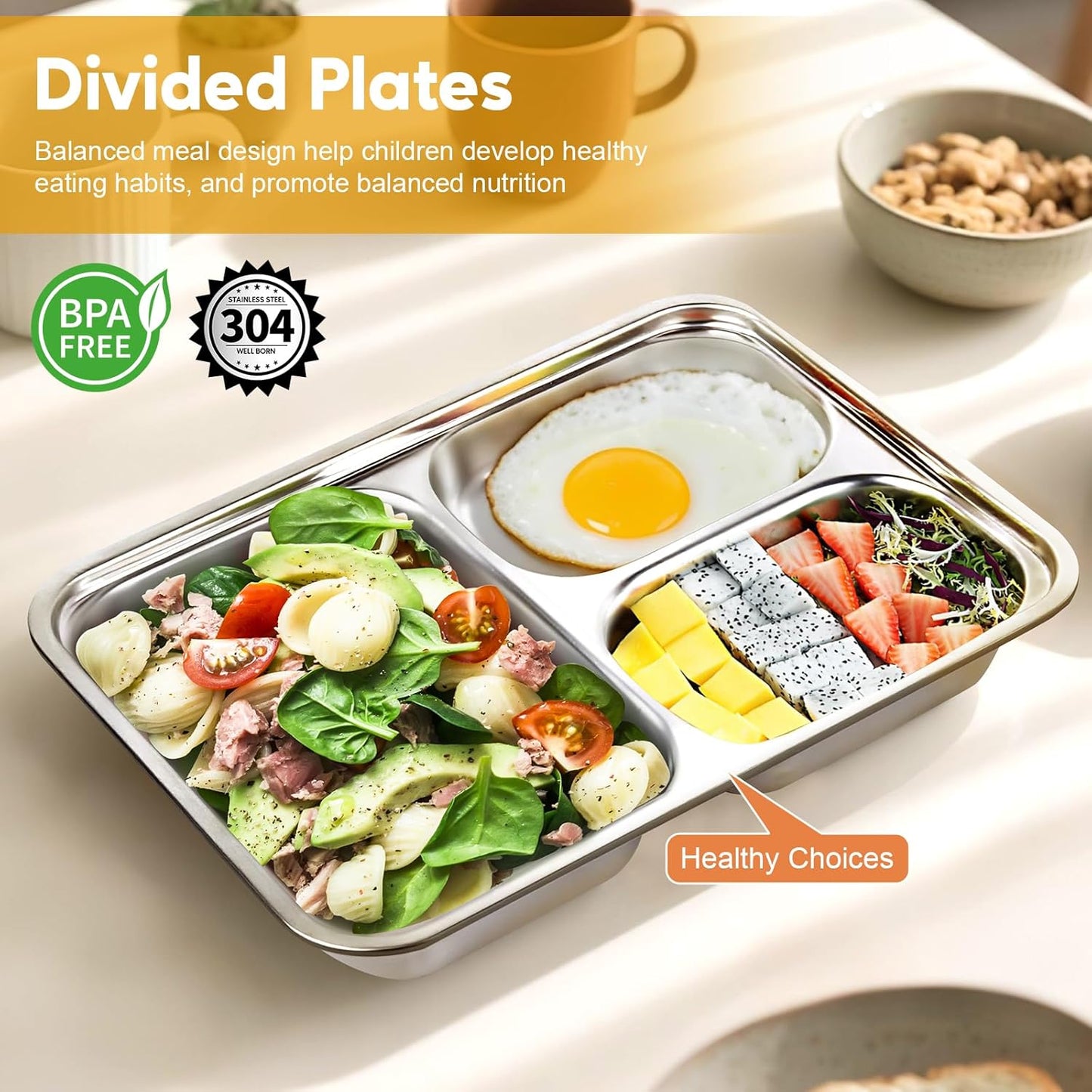 2 Pcs Stainless Steel Kids Plates Set, Toddler Baby Adults Divided Plate, Portion Control Plates for Bariatric & Diabetic Diet, Non Toxic Camping Metal Snack Plate for Eating, Easy to Clean, Silver