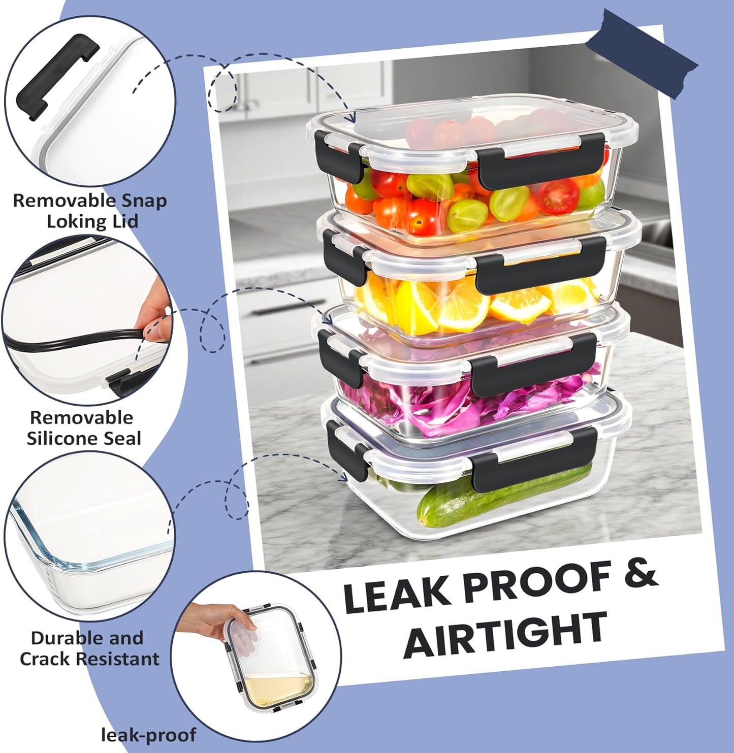 35OZ Glass Food Storage Container, Airtight Glass Lunch Fruit Containers with Lids - Microwave, Oven, Freezer and Dishwasher Safe, 2-PACK