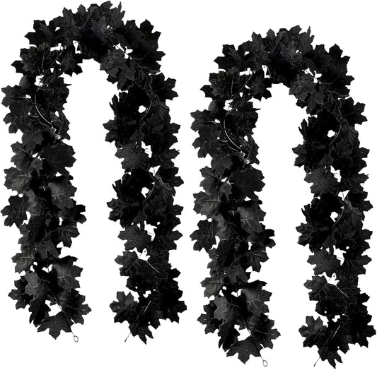 2 Pack Halloween Garland, 5.7FT Black Leaf Garland for Mantle, Artificial Hanging Black Maple Leaves Vines, Spooky Halloween Outdoor Floral, Haunted Mansion, Fireplace, Fall Decor