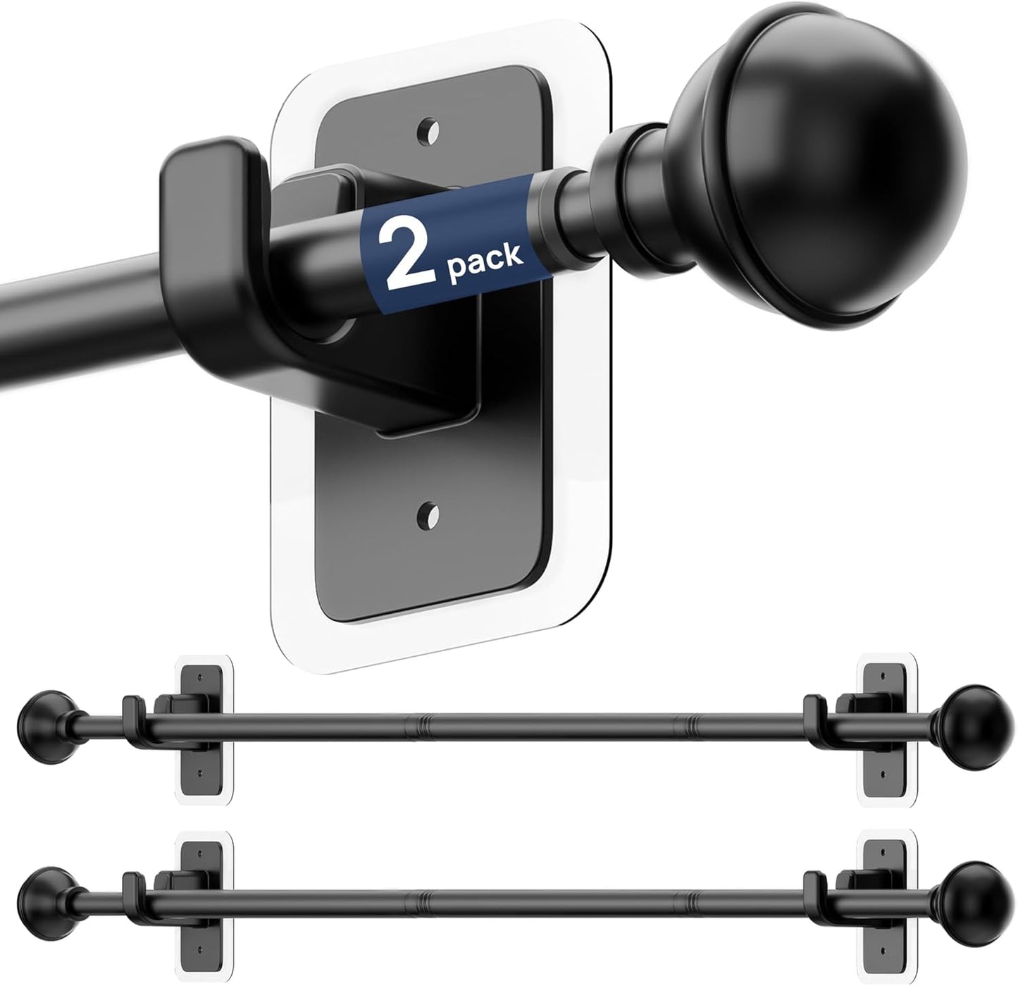 2 Pack No Drill Curtain Rods for Window 28 to 48 Inches, 5/8 Inch Diameter Renter Friendly Drapery Rod with Adhesive Brackets without Drilling, Adjustable from 27 to 52 Inches, Black