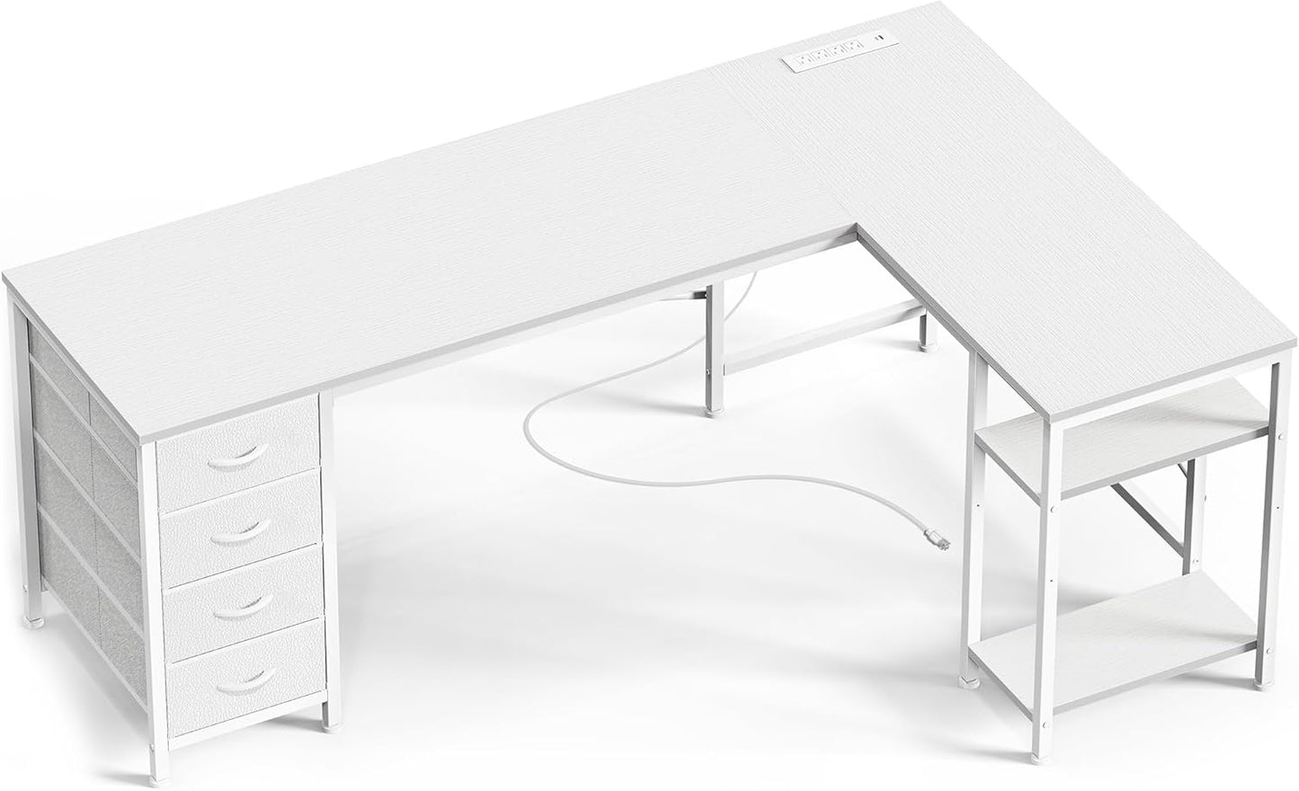 63-Inch L-Shaped Desk with Fabric Drawers, Reversible Computer Gaming Desk Featuring Power Outlets and USB-C Port, Adjustable Side Storage Shelves for Home Office and Study Corner, White