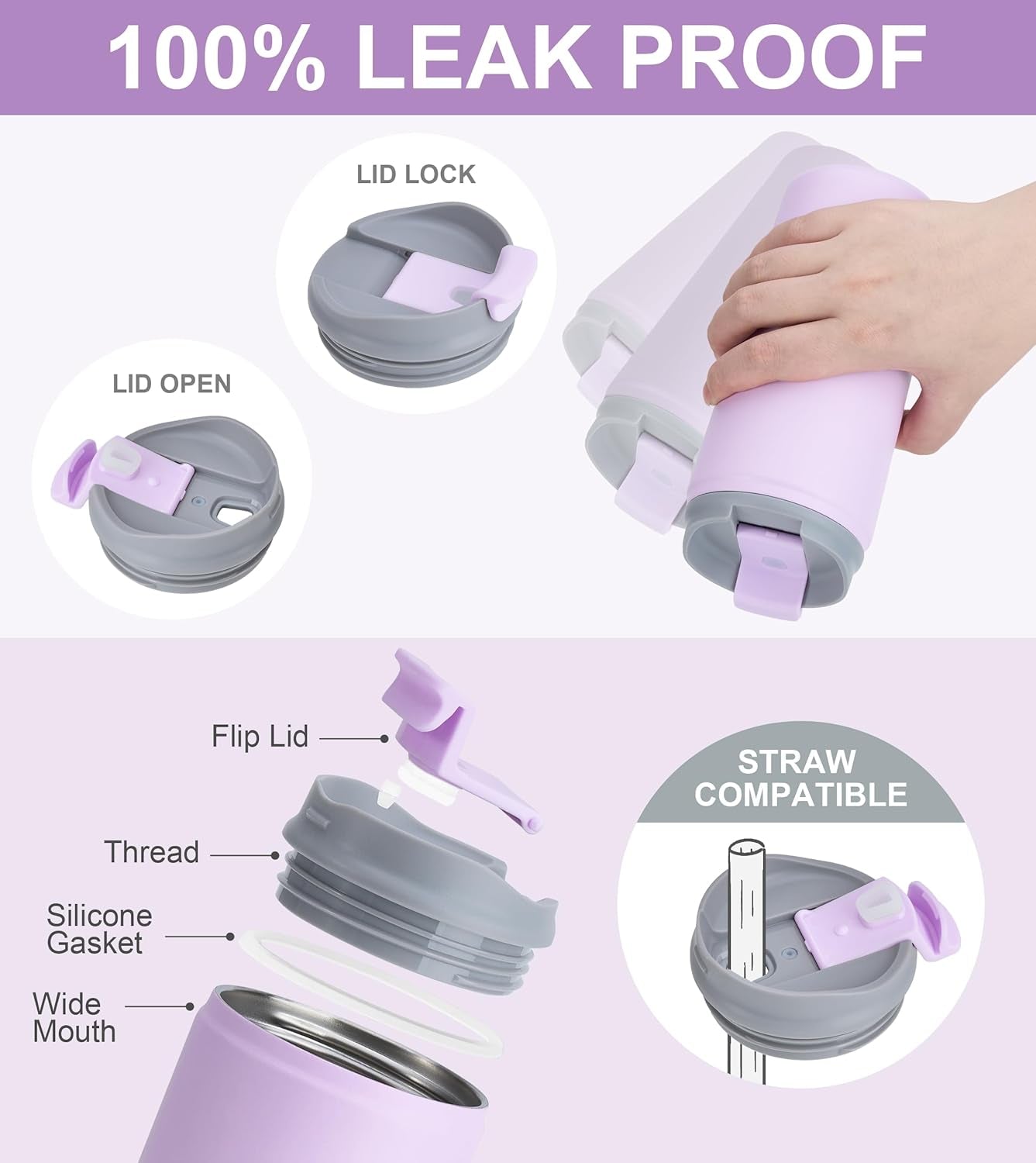 Travel Coffee Tumbler, Insulated Mug with Lid, Leak Proof Stainless Steel Cup 12 Oz for Water, Tea, Ice, Powder Coated Lavender